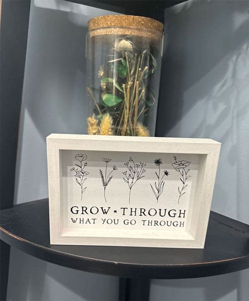 Grow through what you go through quote in a frame on a shelf